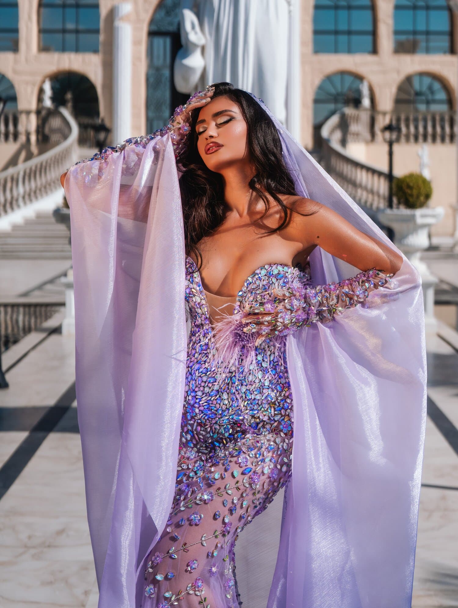 LAVANDELLE — lavender crystal mermaid with lilac organza cape, RIVIERA collection by BLINI