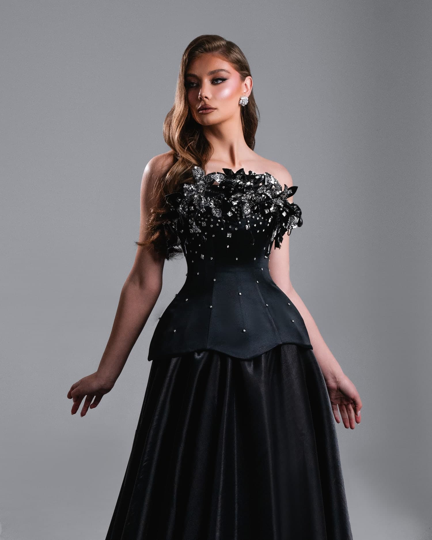 NOVERA — black ball gown with crystal florals