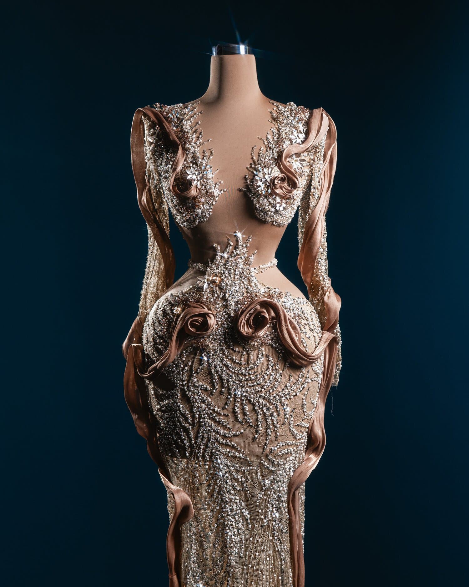 AMARA — mocha silk swirl beaded gown with rose details