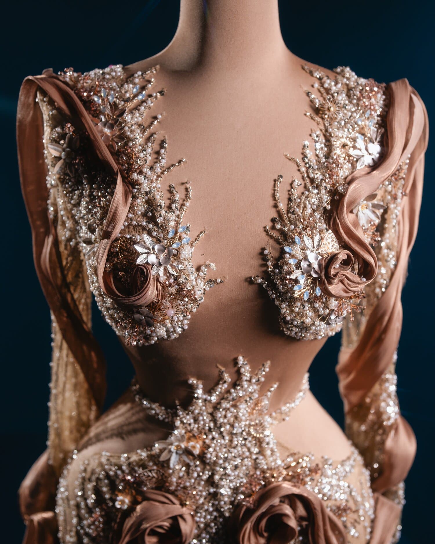 AMARA — mocha silk swirl beaded gown with rose details (view 3)