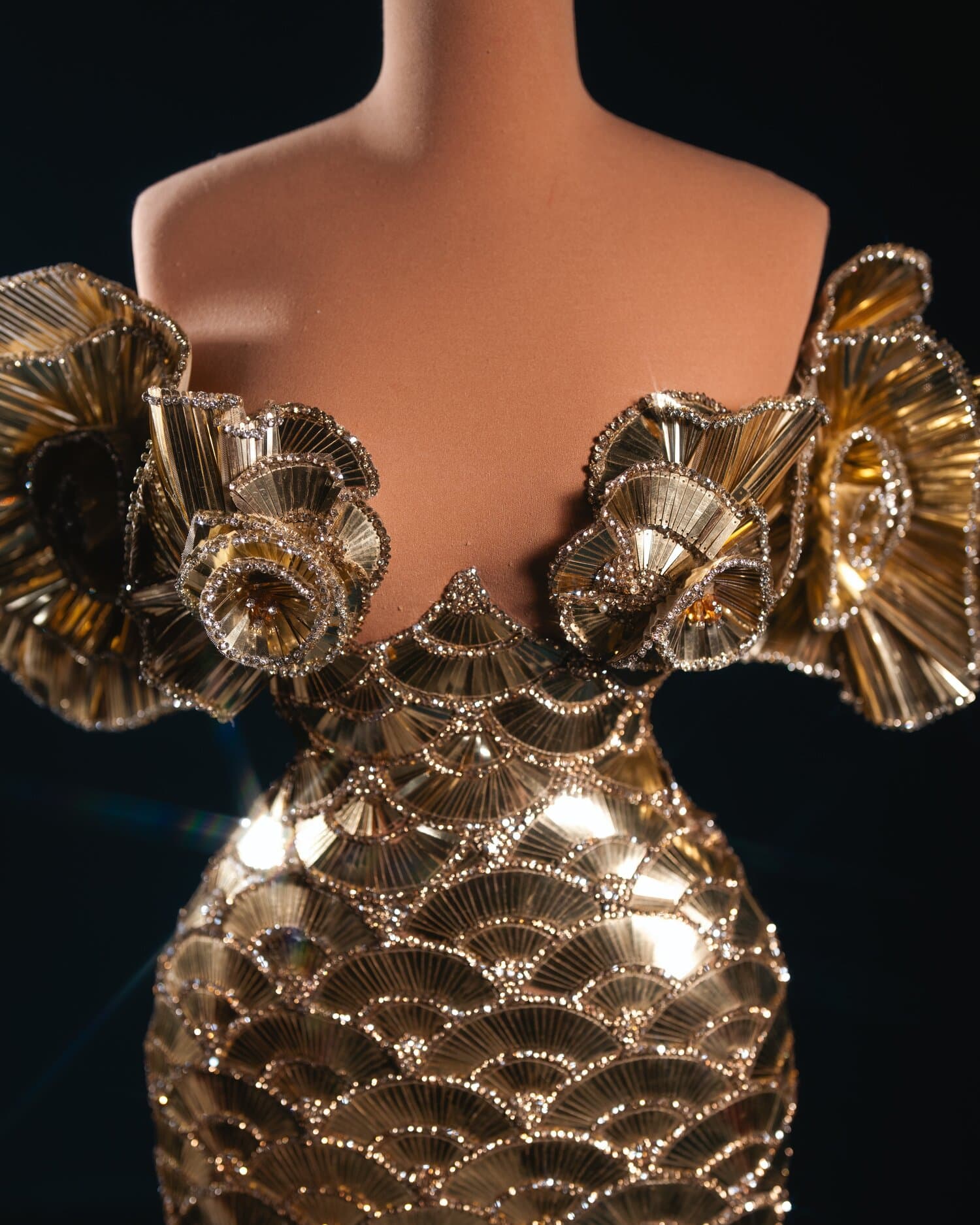 MARIBEL — gold scale mermaid gown with ruffle flower sleeves (view 3)