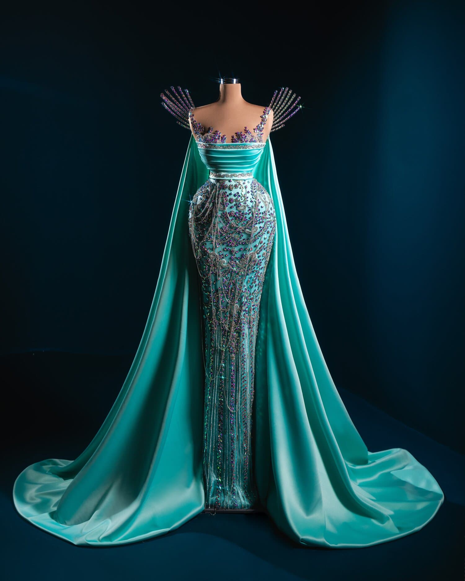 NIVARA — turquoise satin gown with crystal bodice and cape (view 2)