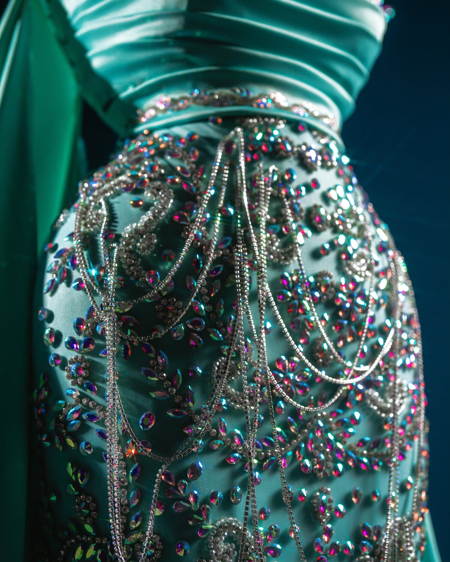 NIVARA — turquoise satin gown with crystal bodice and cape (view 3)