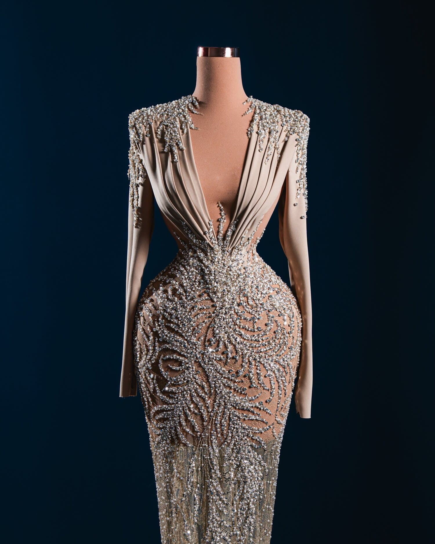 SABLIER — champagne draped gown with crystal branch embroidery
