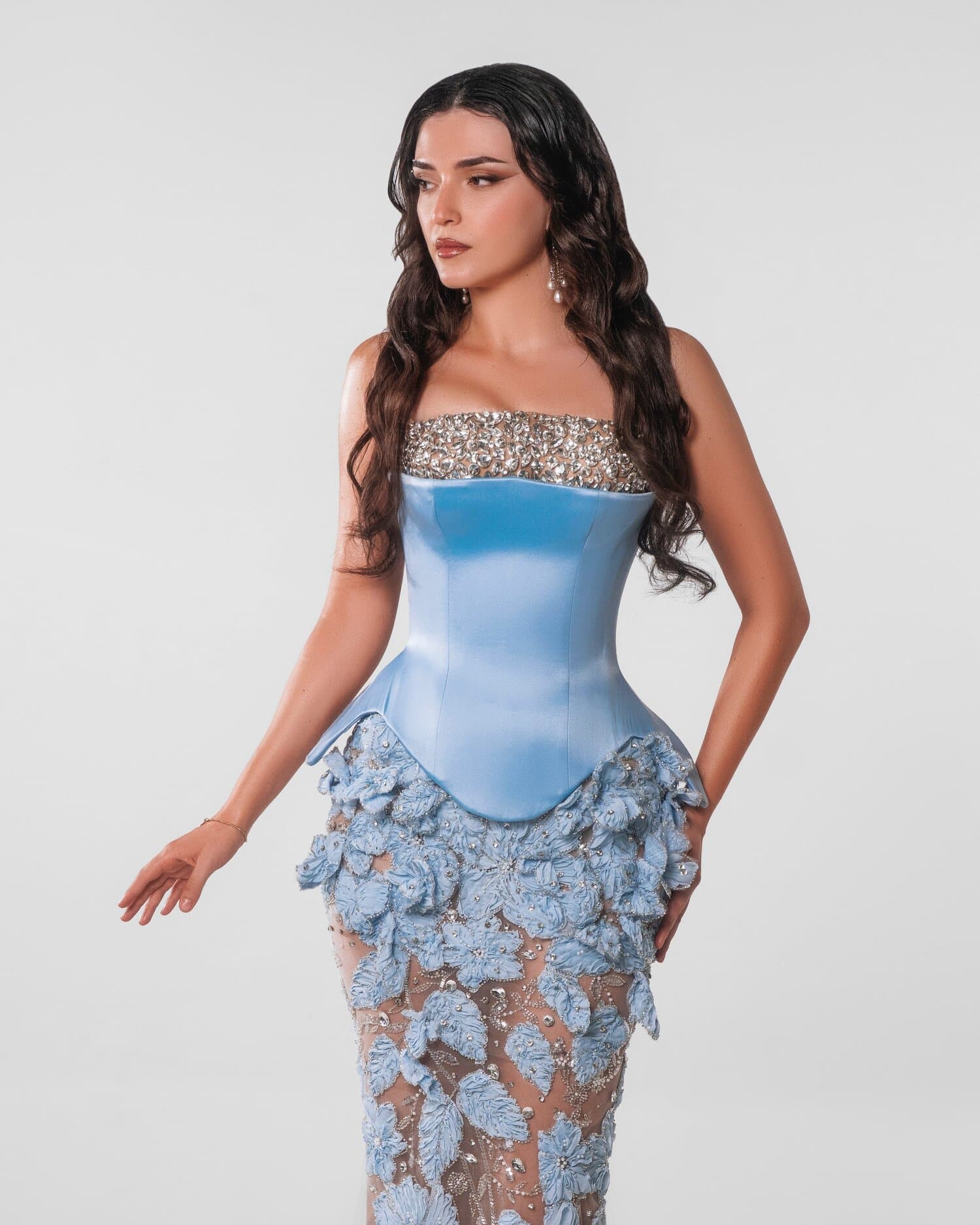 BLEUELLE — Sky-blue duchess-satin corset column with a crystal-banded straight neckline, ha