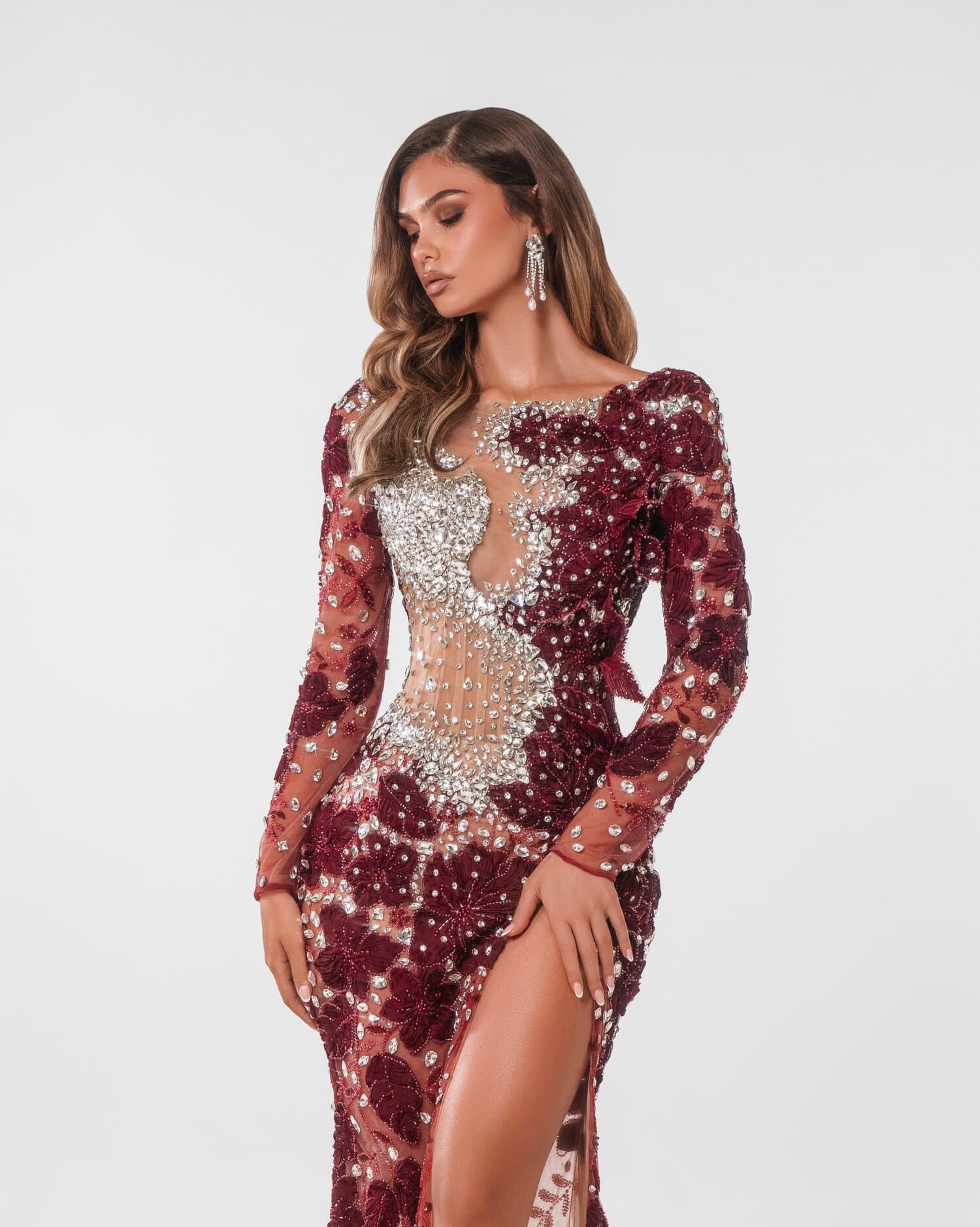 GARNELLE — Long-sleeve illusion gown in garnet