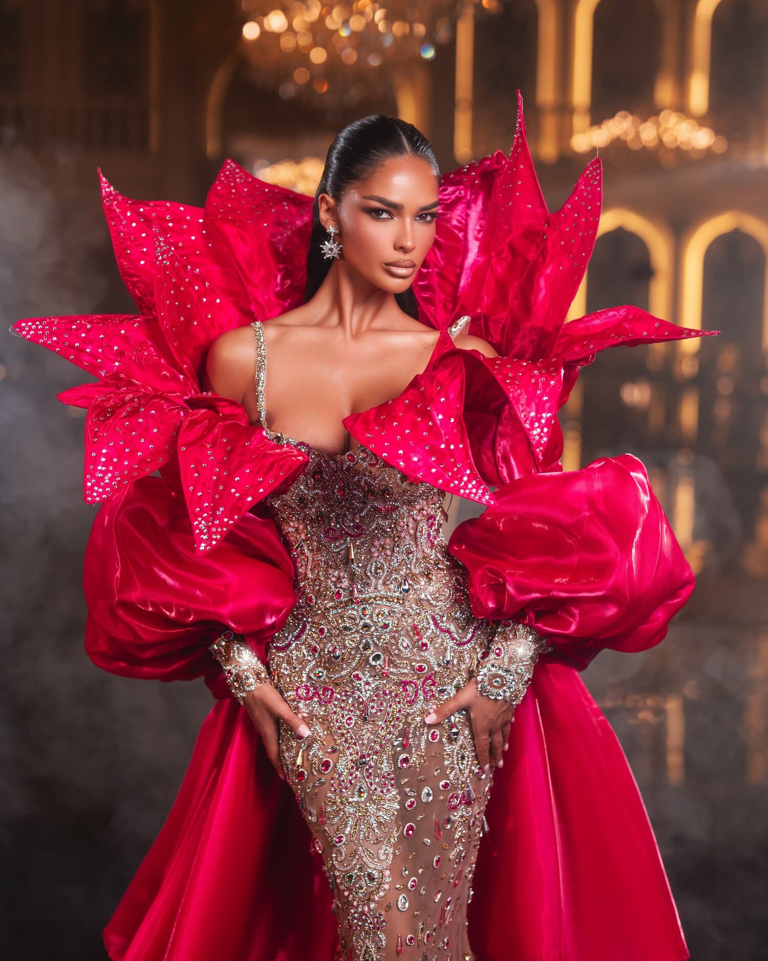 AZALEA — crystal illusion gown with sculptural magenta petal sleeves and fuchsia train, REGALIA collection by BLINI