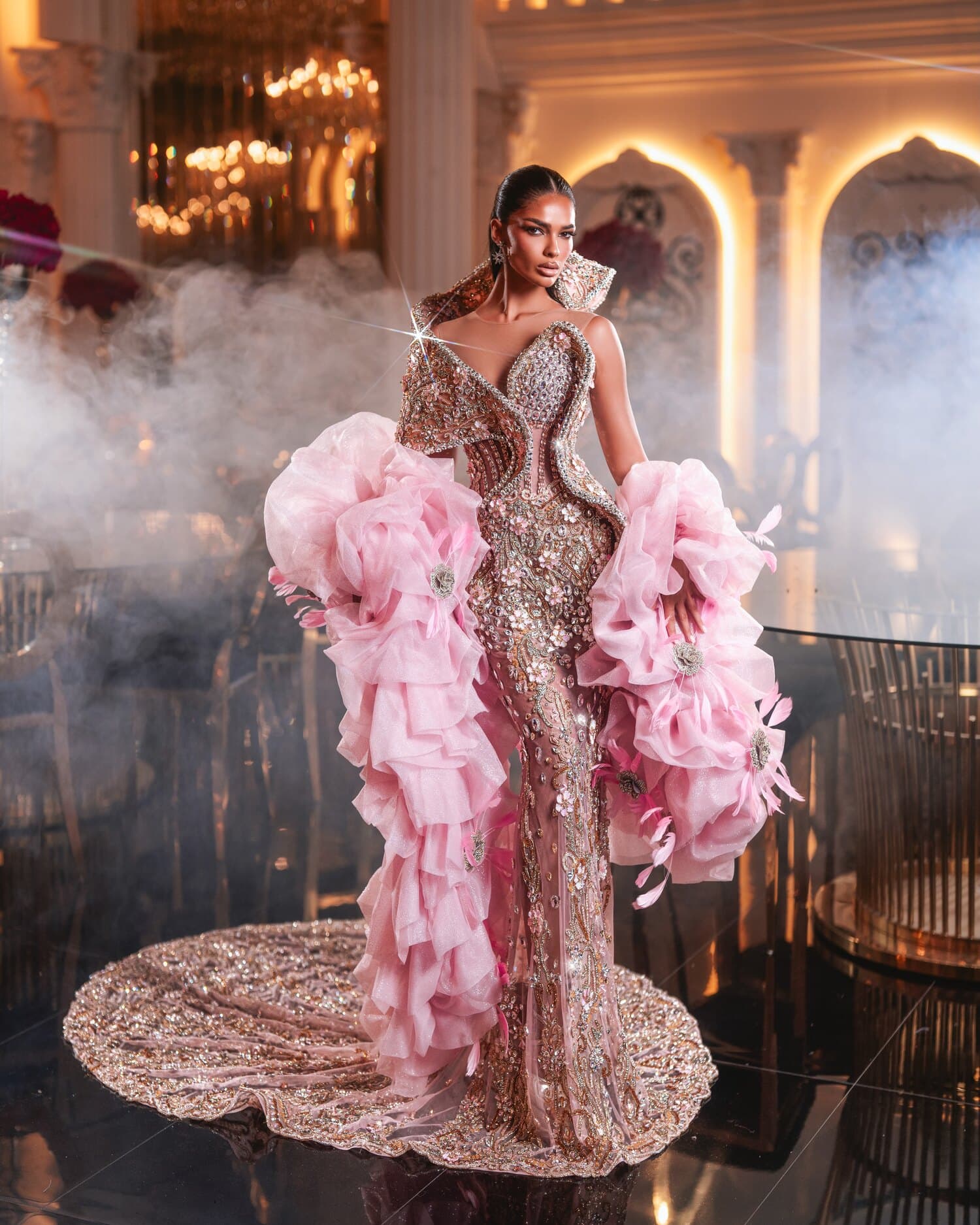 CAMELLIA — full-length view with embroidered train and ruffle stole, REGALIA collection by BLINI