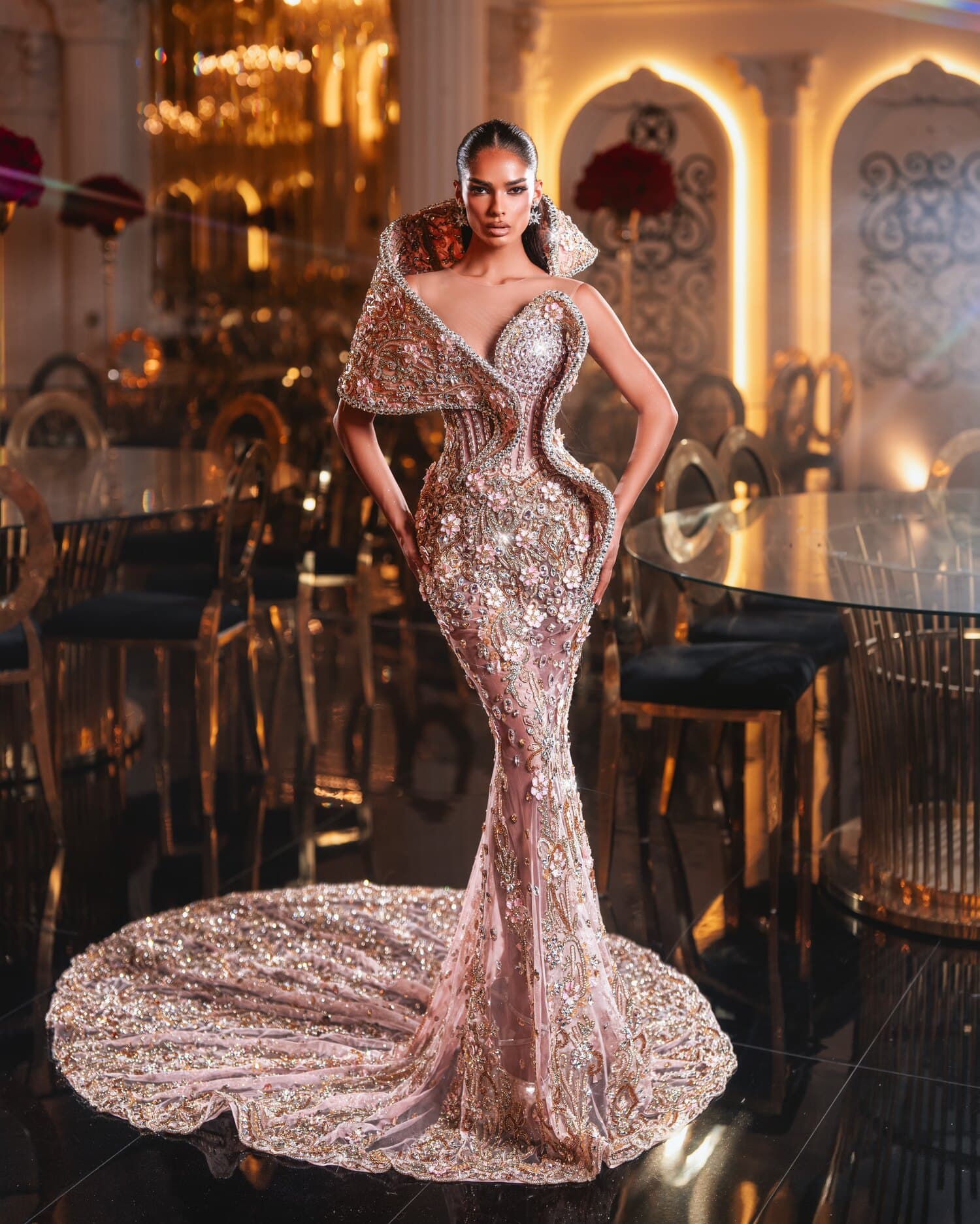 CAMELLIA — mermaid silhouette with extended train in the ballroom, REGALIA collection by BLINI