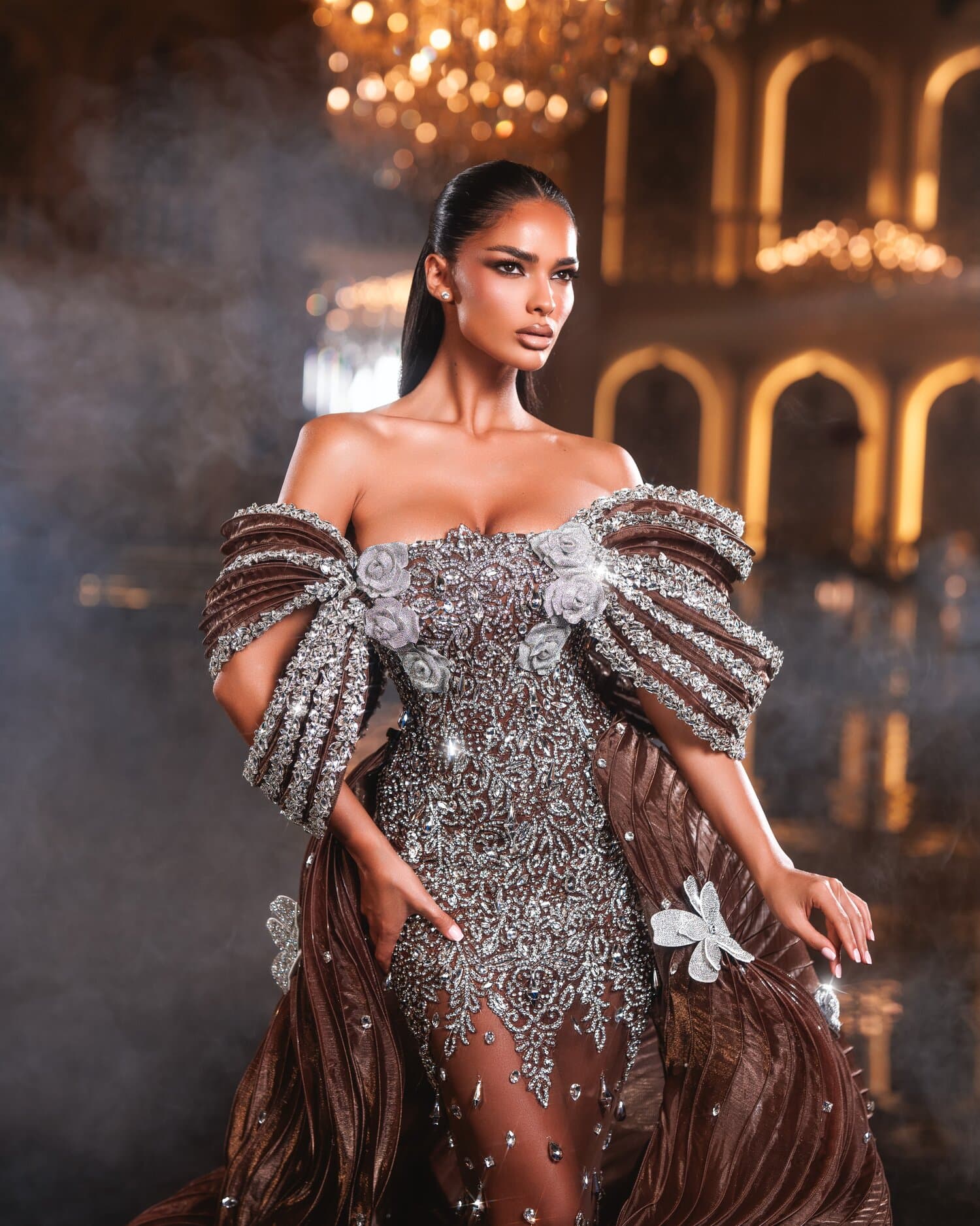 CANELLE — silver crystal gown with bronze plissé train and silver blossom, REGALIA collection by BLINI