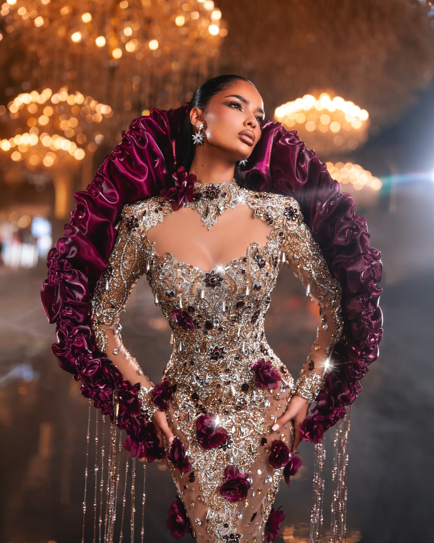 DAHLIA — gold hand-beaded high-neck gown with plum velvet roses, REGALIA collection by BLINI