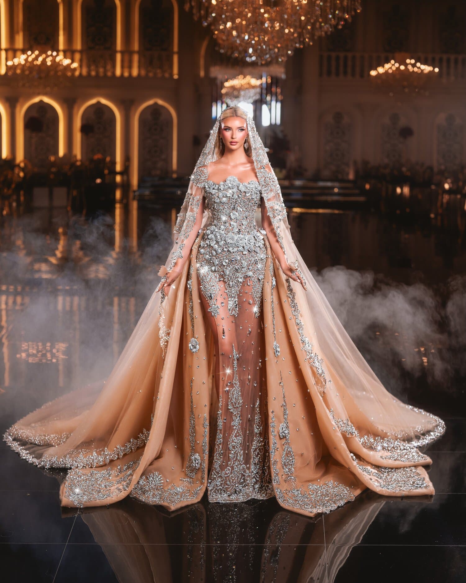 ELDORA — champagne crystal gown with 3D silver blooms and crystal-edged veil, REGALIA collection by BLINI