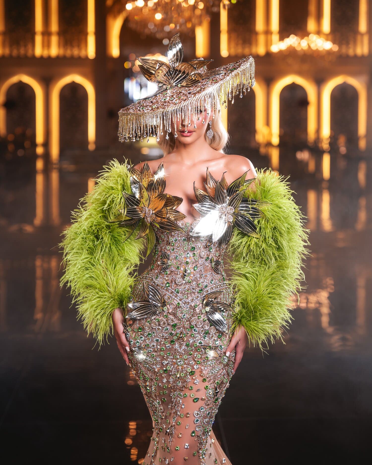 OLIVINE — champagne crystal mermaid with chartreuse feather sleeves and gilded leaves, REGALIA collection by BLINI