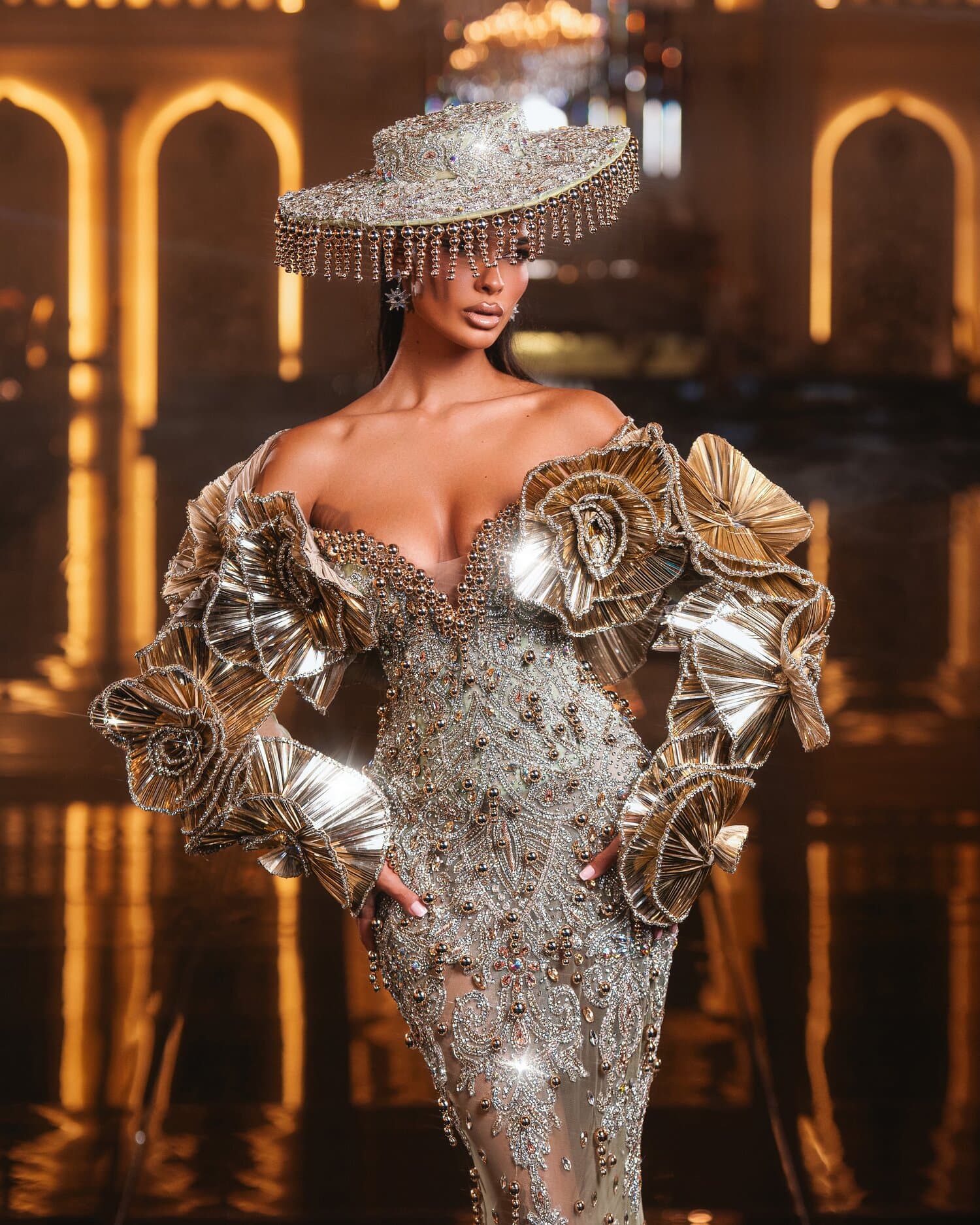 ORIANE — silver-sage crystal mermaid with sculptural gilded ruffle sleeves, REGALIA collection by BLINI