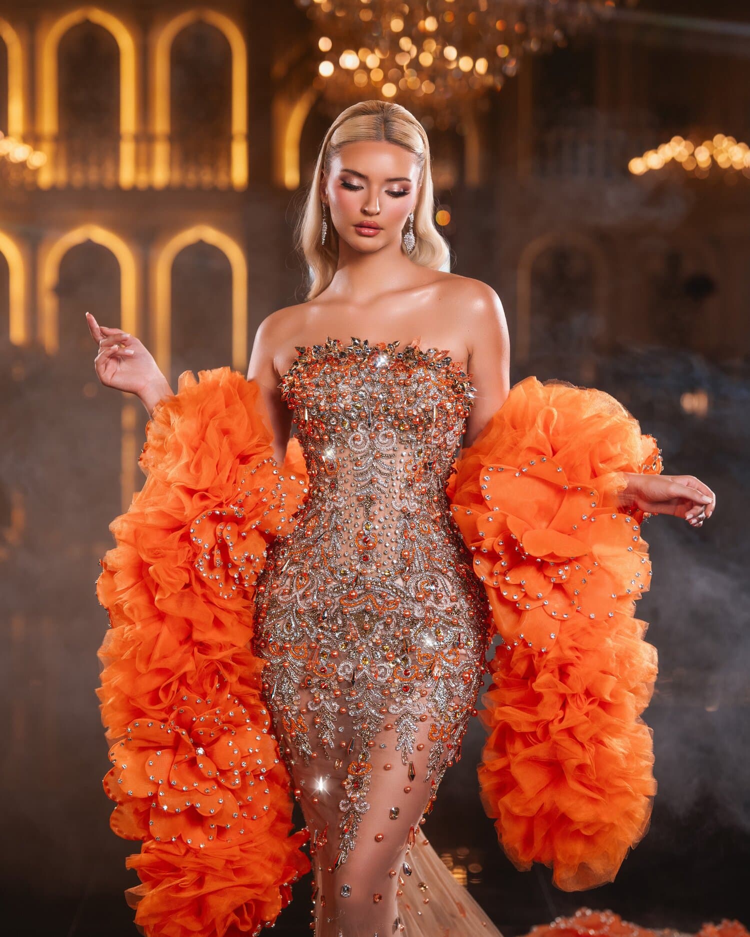SOLENNE — crystal mermaid with flame-orange organza ruffle boa, REGALIA collection by BLINI