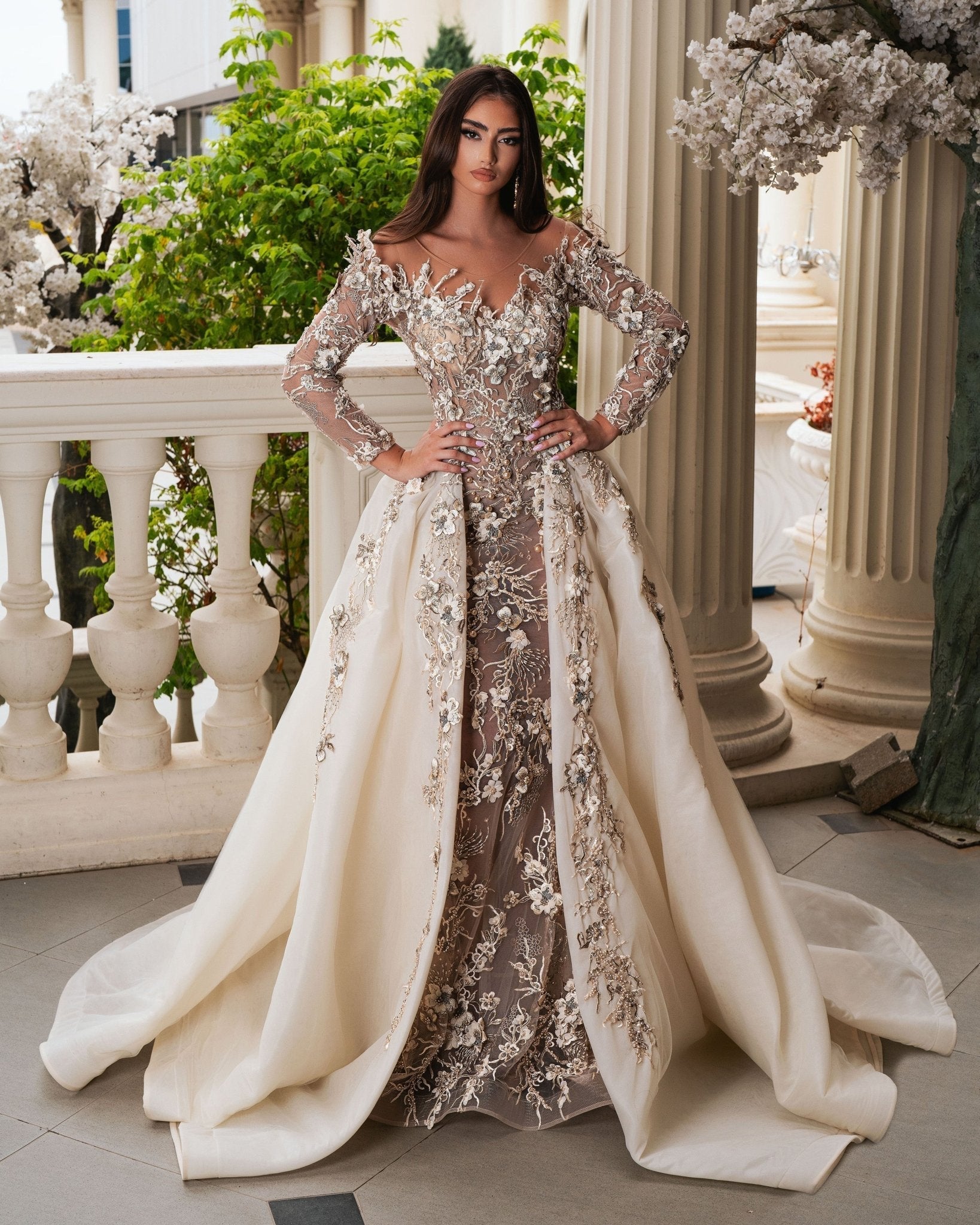 Acanria Beige Dress with Overskirt and Flowers - BLINI