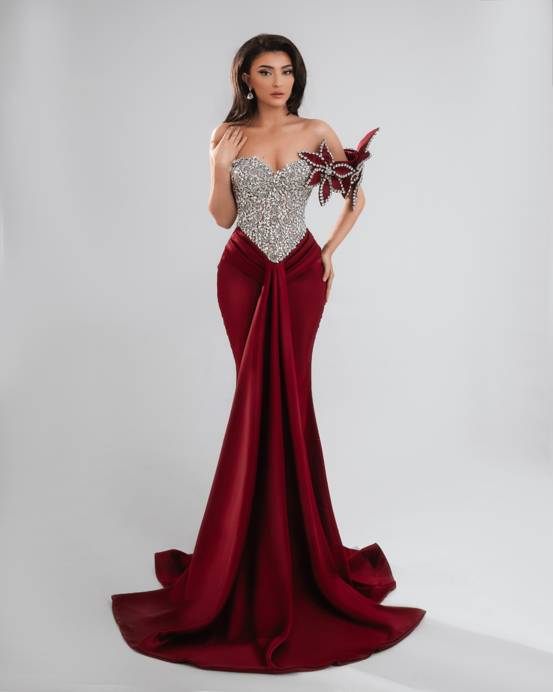 Adelie Red Long Dress with Crystals and Cape - BLINI