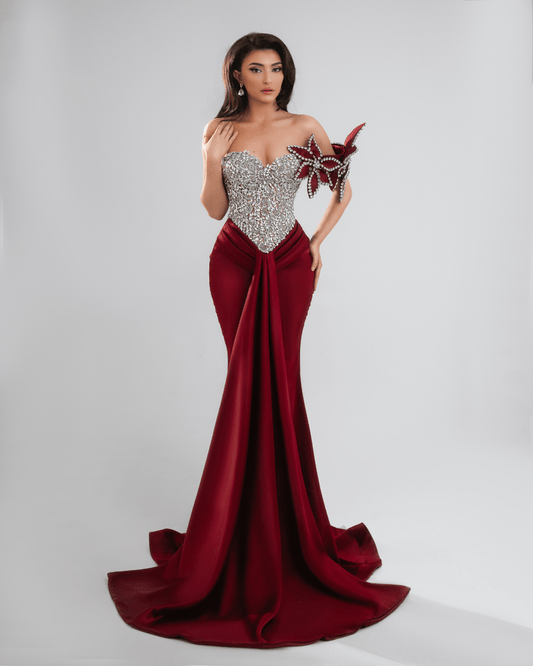 Adelie Red Long Dress with Crystals and Cape - BLINI