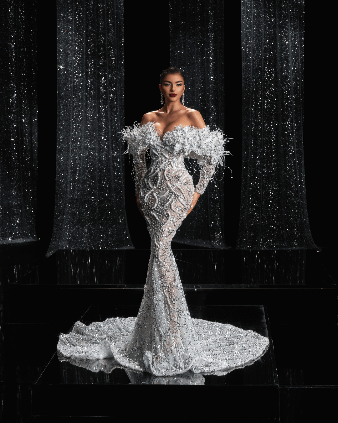 Adryanna Bridal Dress with Pearls and Feathers - BLINI