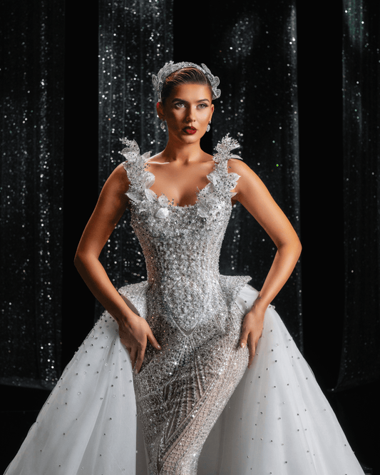 Aerine Bridal Dress with Cape and Feathers - BLINI