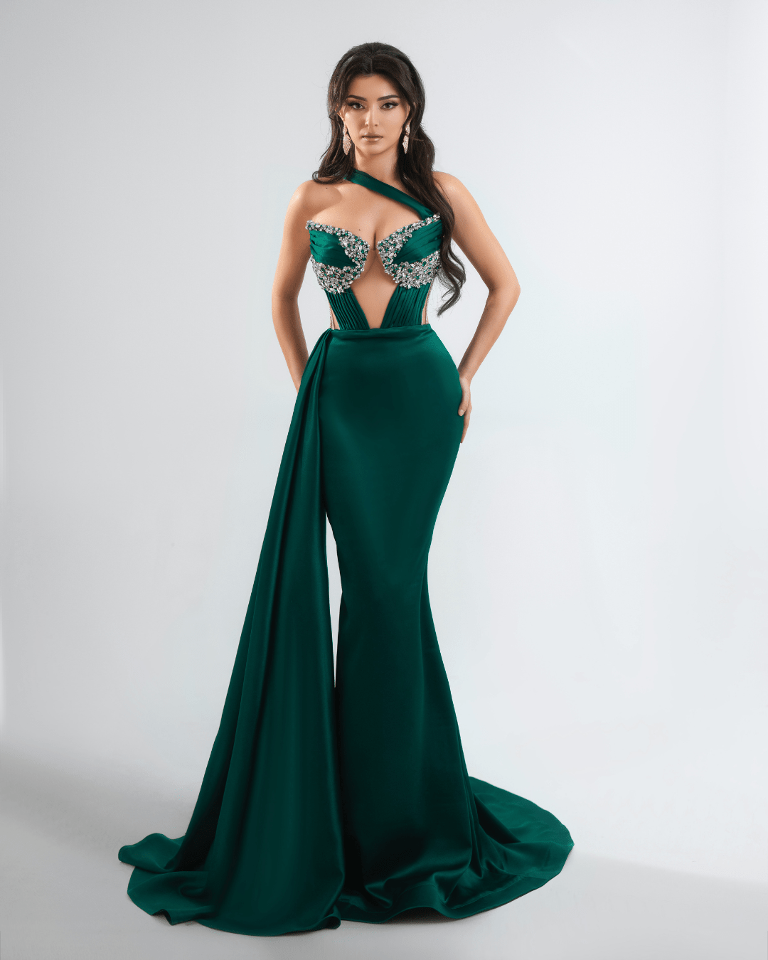 Aldora Emerald Green Long Dress with Crystals and Cut - Outs - BLINI