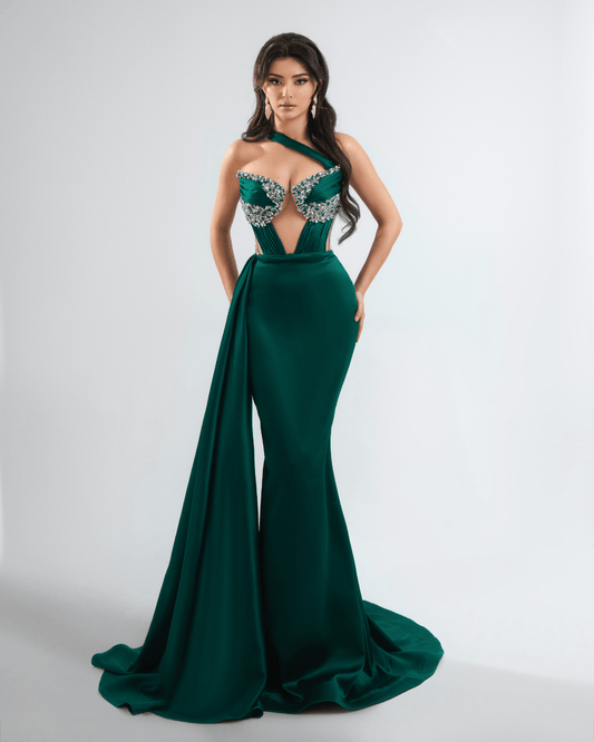 Aldora Emerald Green Long Dress with Crystals and Cut - Outs - BLINI