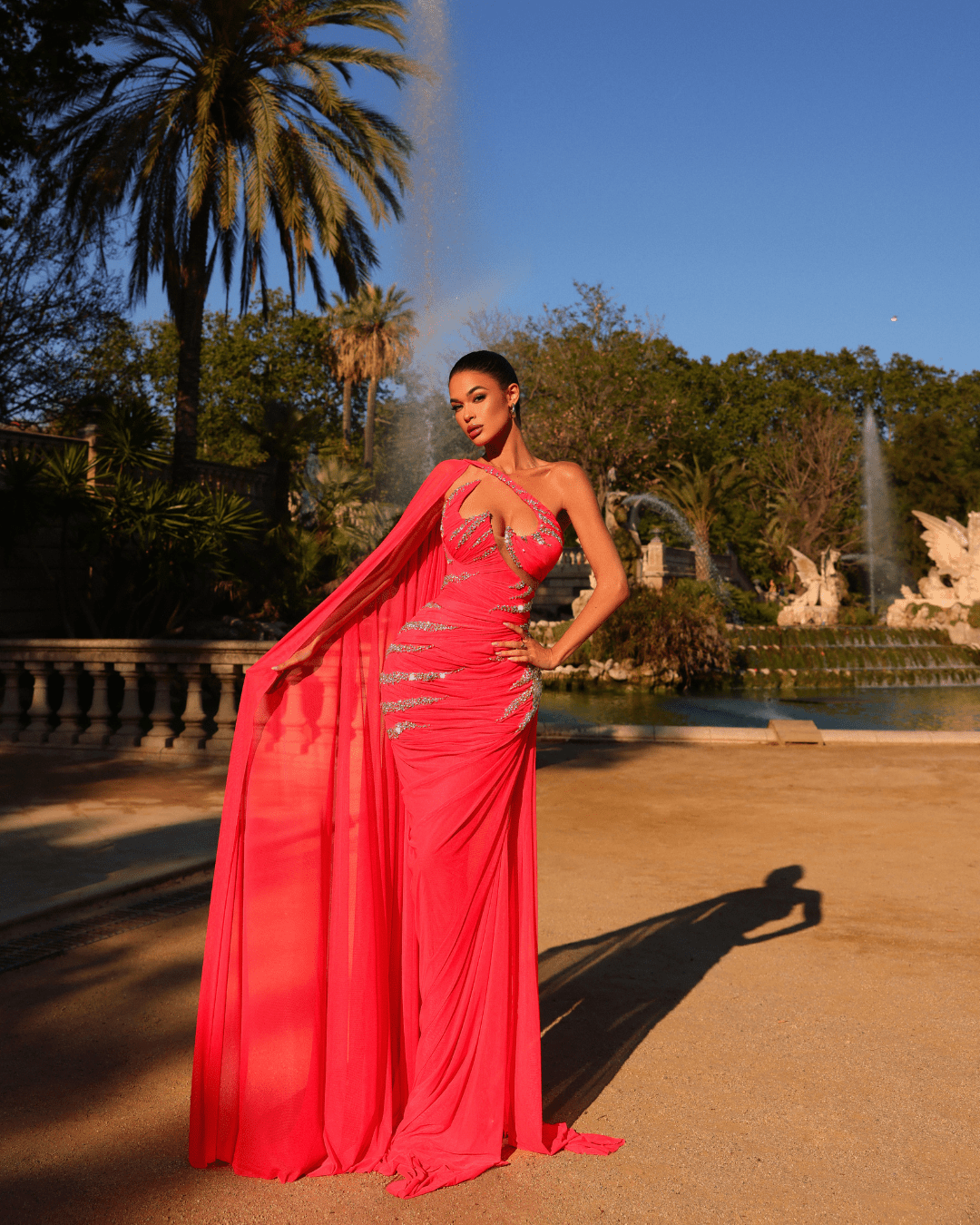 Alesia PinkLong Dress, with Side Cape and Crystals - BLINI