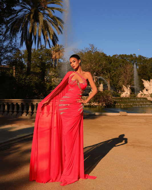 Alesia PinkLong Dress, with Side Cape and Crystals - BLINI