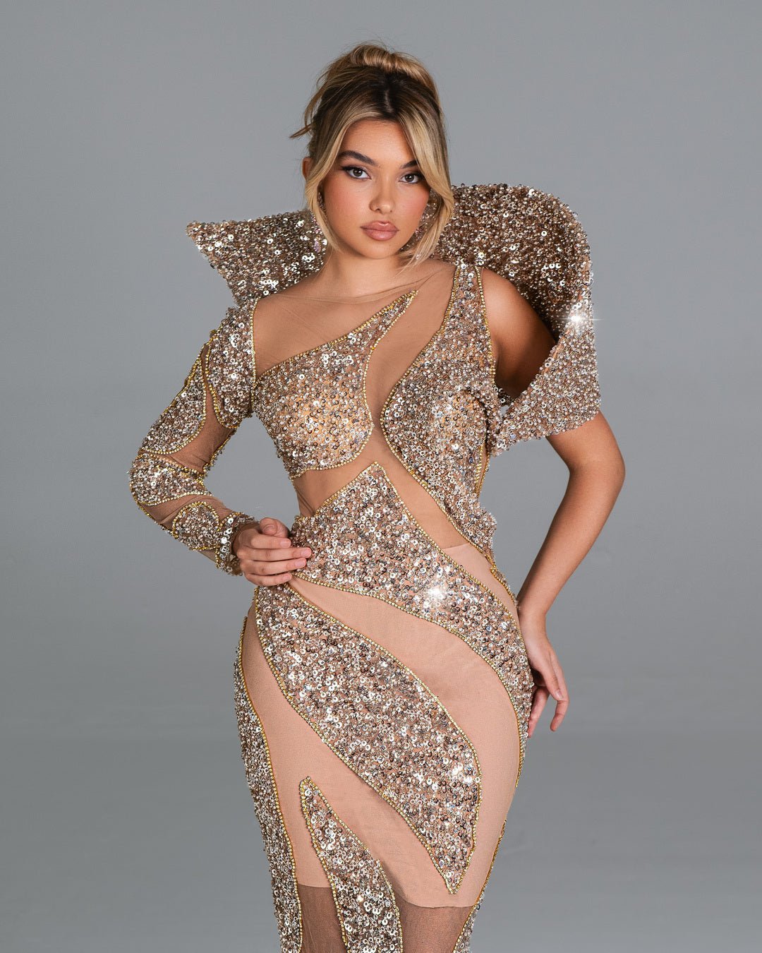 Alexie One - Sleeve Dress with Crystal Gold Glamour - BLINI