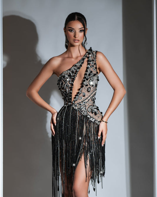 Alexine Black and Silver Short Dress with Tassels and Crystals - BLINI