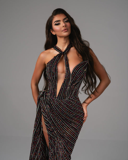 Aliya Black Dress with Open Chest and Stones - BLINI