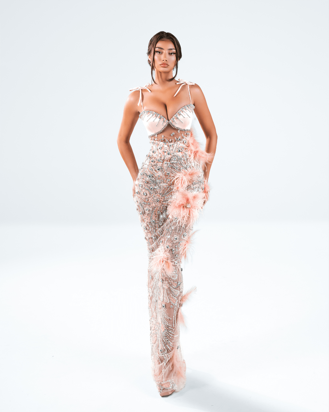 Almea Pink Long Dress with Crystals and Feathers - BLINI