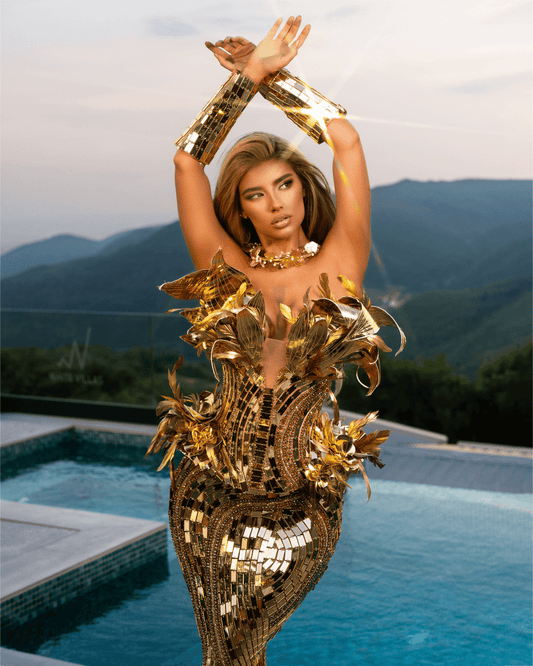 Alore Gold Dress with Crystals and Flowers - BLINI