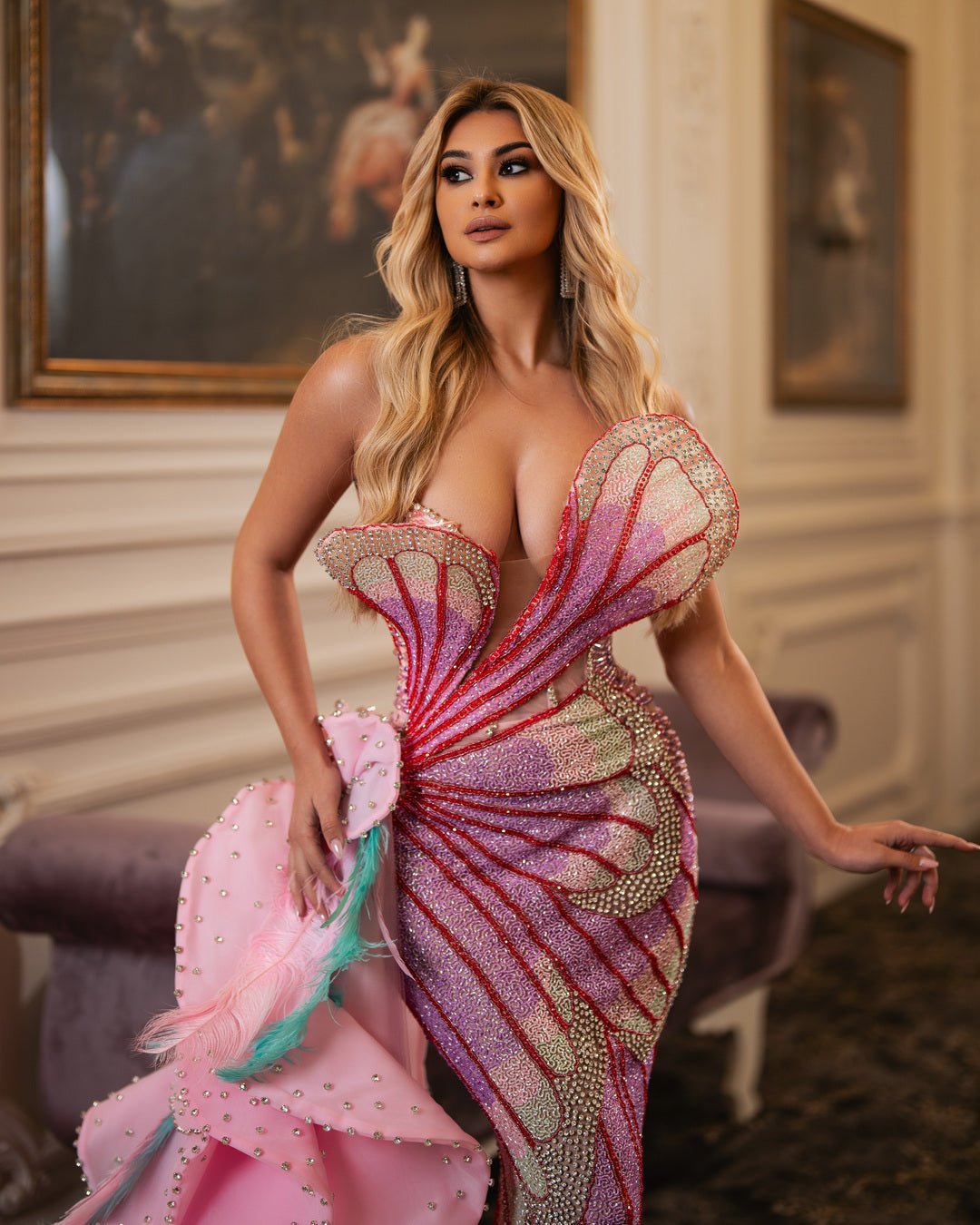 Amarella Pink Ruffles Dress with Crystals and Feathers - BLINI