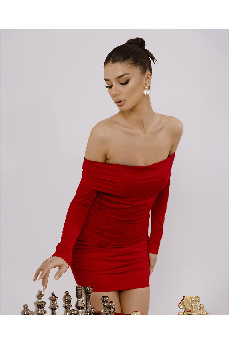 Amelie Red Romantic Mini Dress, Off Shoulder With Polyester Fabric - BLINI