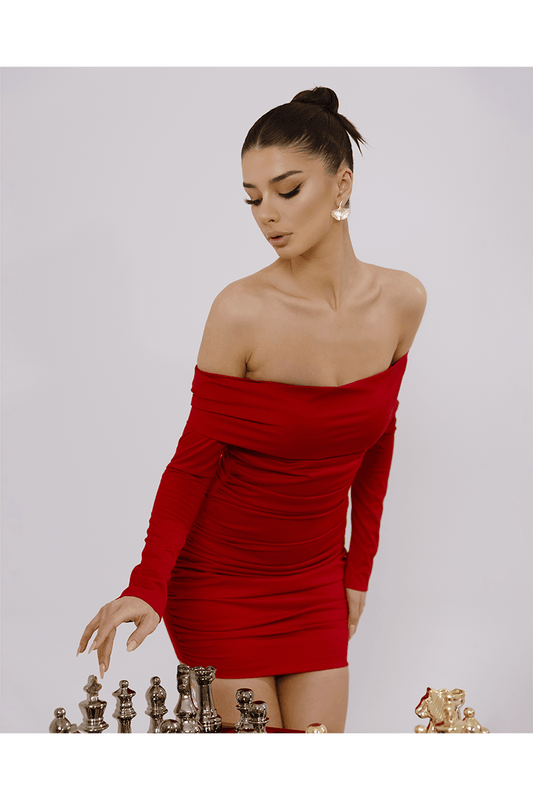 Amelie Red Romantic Mini Dress, Off Shoulder With Polyester Fabric - BLINI