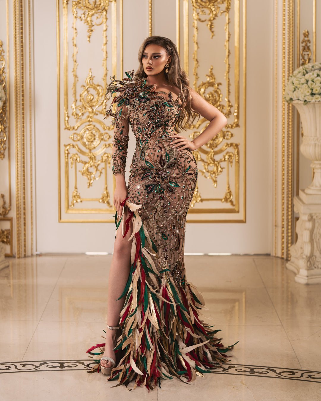 Amiara One Shoulder Dress with Beads and Feathers - BLINI