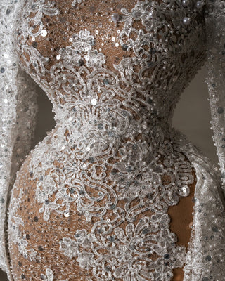 Detailed Close-Up of High Neck Bridal Dress Lace and Pearl Detailing