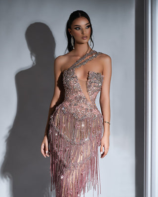 Stunning long dress in light pink featuring a deep chest cut and silver accents.