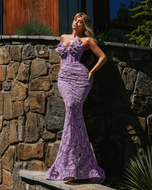 Anesia Purple Long Dress with Flowers - BLINI