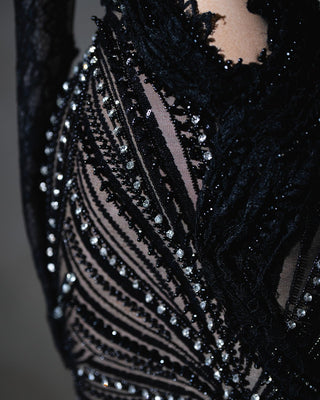 Black fitted gown with sparkling crystal embellishments and dramatic neckline.





