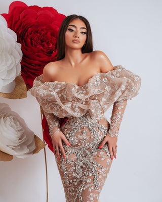 Luxurious long off shoulder dress in beige with silver crystal details