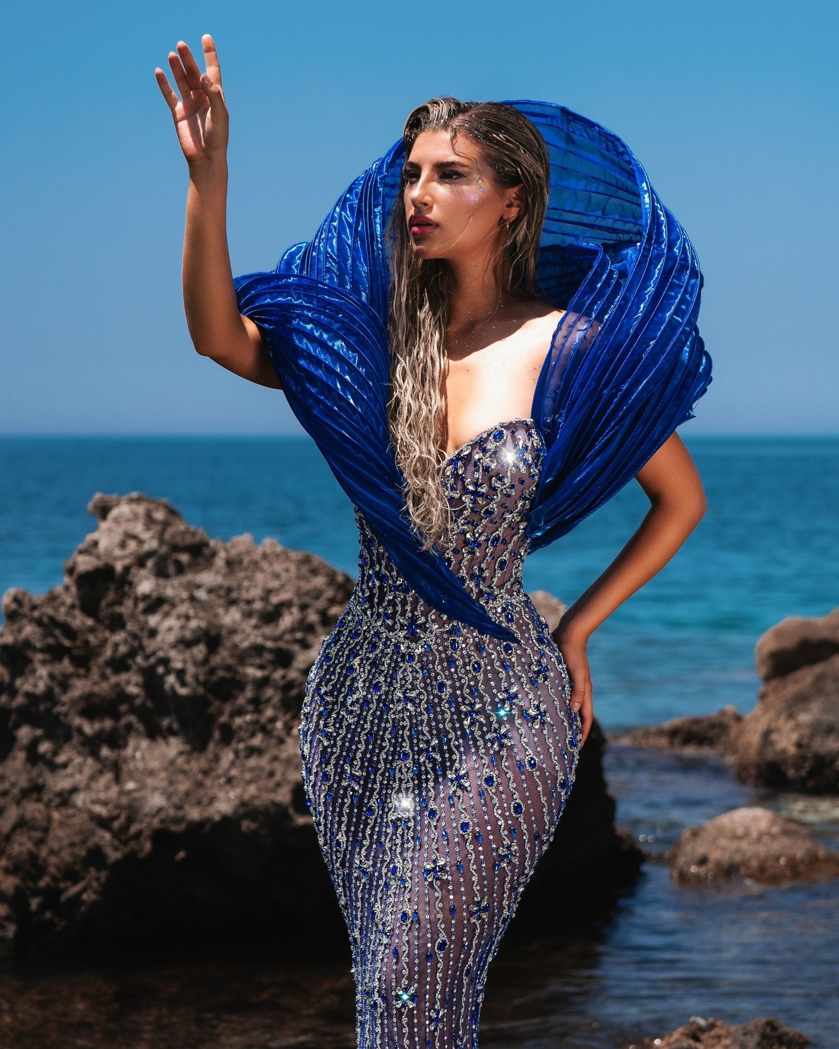 Aqualína Blue Sleeveless Dress with Organdy Shoulder Details - BLINI