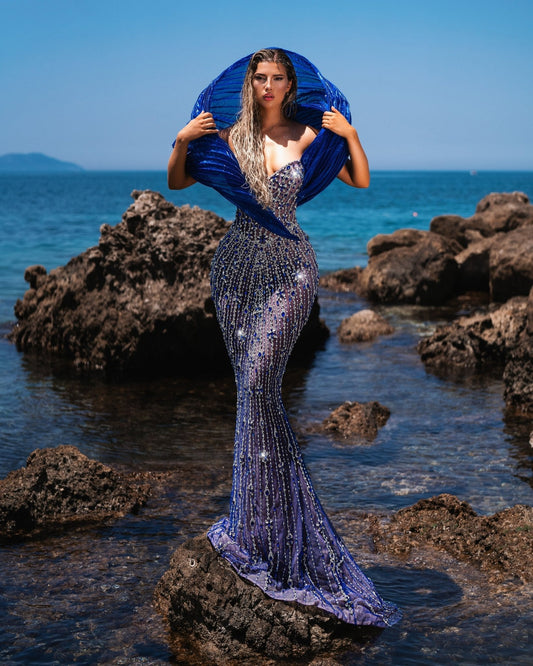 Aqualína Blue Sleeveless Dress with Organdy Shoulder Details - BLINI