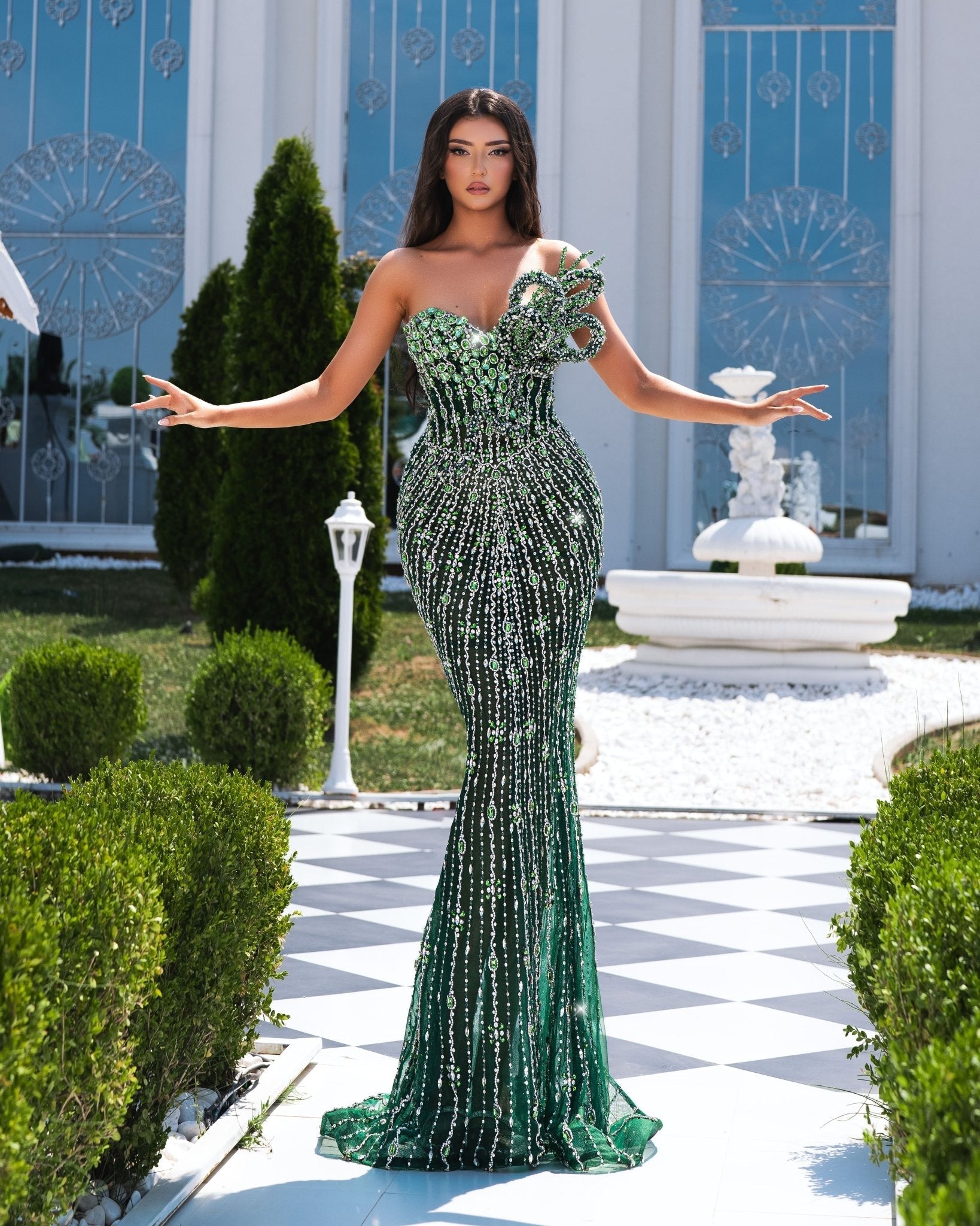 Aradia Emerald Green Sleeveless Dress with 3D Chest Detail - BLINI