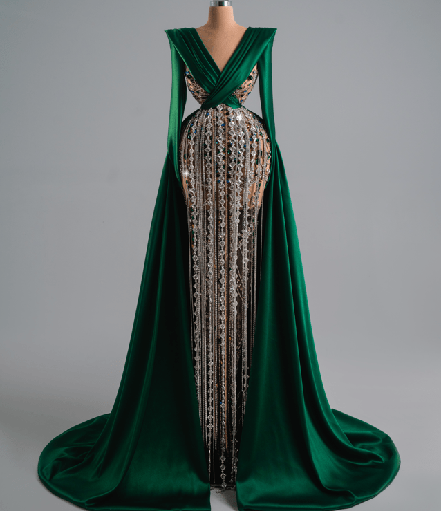 Argenta Emerald Green Long Dress With Silver Stones - BLINI