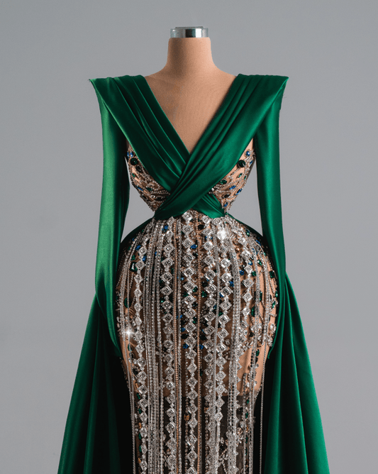 Argenta Emerald Green Long Dress With Silver Stones - BLINI