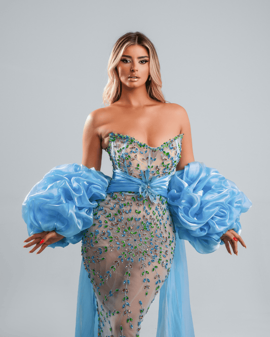 Aroneye Blue Dress with Crystals and Cape - BLINI