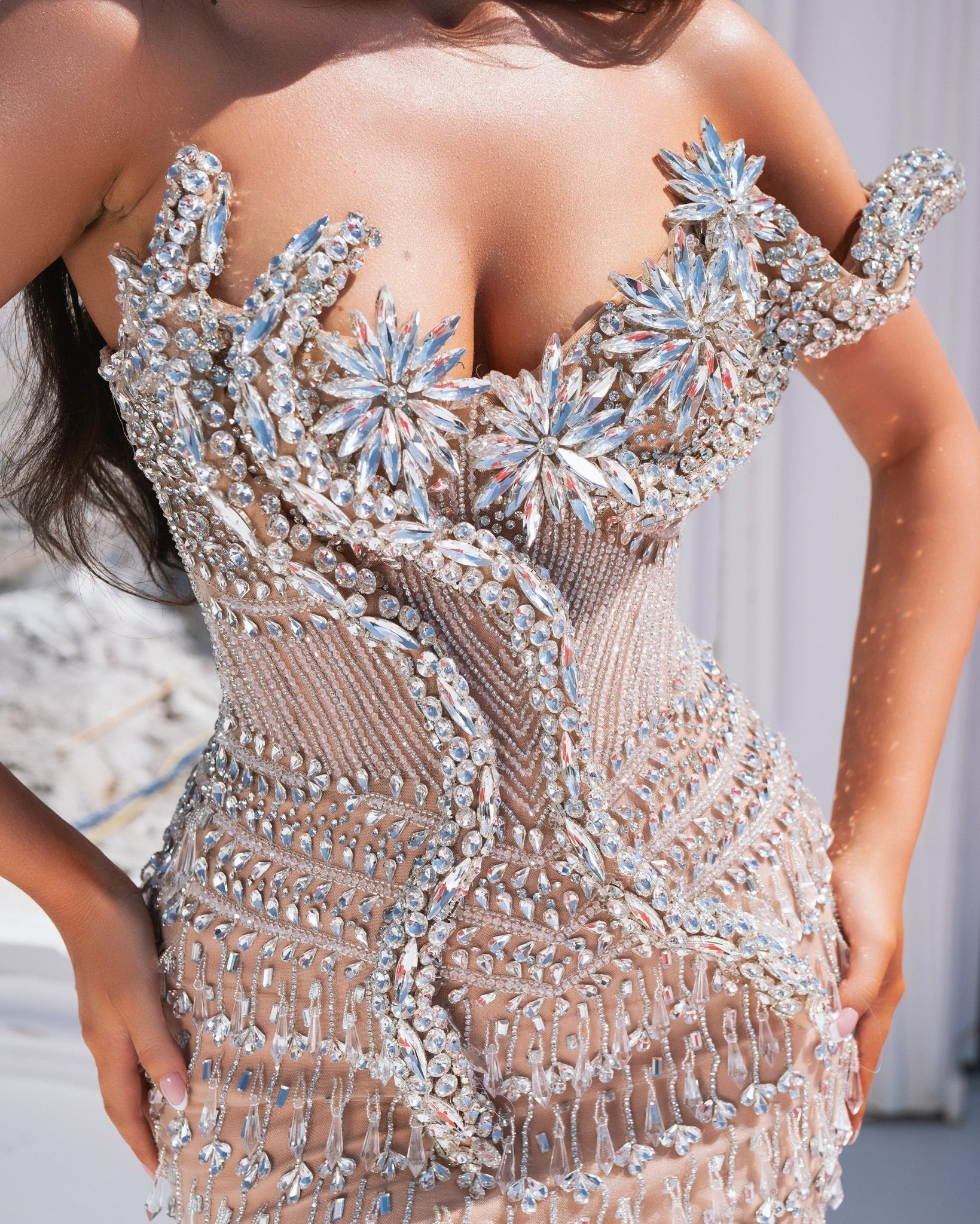 Aros Nude Long Dress with Crystals - BLINI