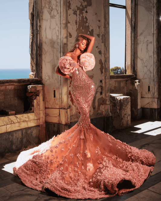 Arynele Pink Sleeveless Mermaid Dress with 3D Flowers - BLINI